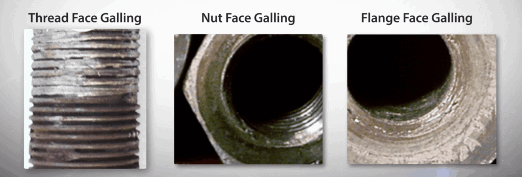 Three forms of galling: On the bolt, nut, and flange face (from left to right)