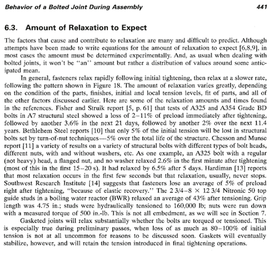 Article excerpt describing relaxation in bolted joints